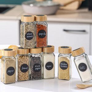 Glass Spice Jars with Bamboo Lids Spice Containers Steel Funnel, Empty Square Seasoning Organizer for Spice Rack, Cabinet, Drawer