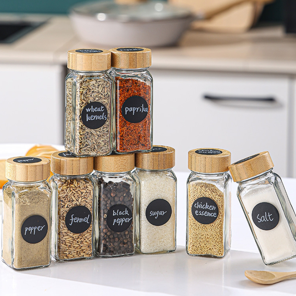 Glass Spice Jars with Bamboo Lids Spice Containers Steel Funnel, Empty Square Seasoning Organizer for Spice Rack, Cabinet, Drawer