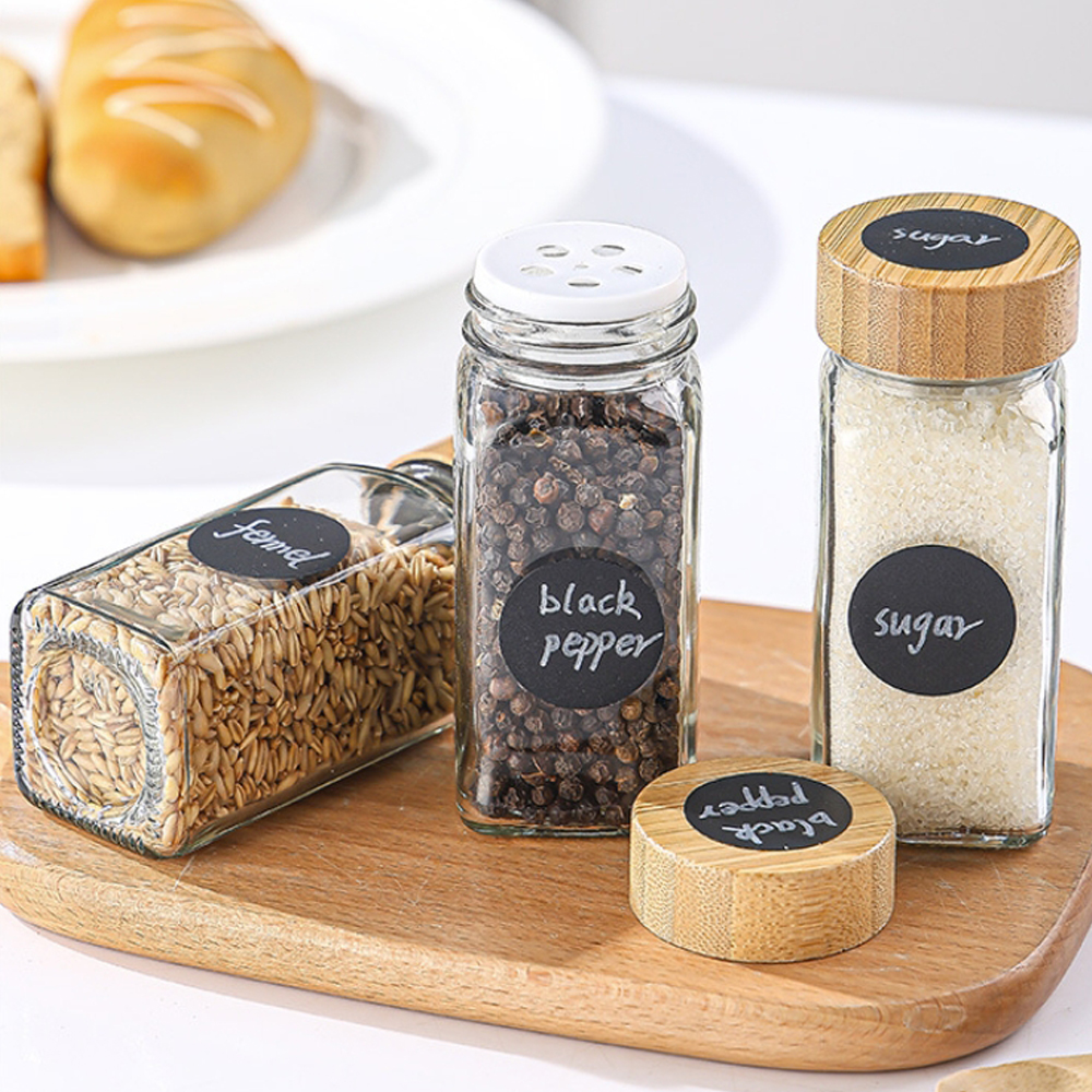 Glass Spice Jars with Bamboo Lids Spice Containers Steel Funnel, Empty Square Seasoning Organizer for Spice Rack, Cabinet, Drawer