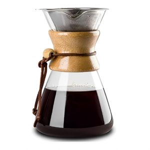 Pour Over Coffee Maker with Stainless Steel Filter, Borosilicate Glass Coffee Carafe, Wooden Collar, Coffee Maker Carafe