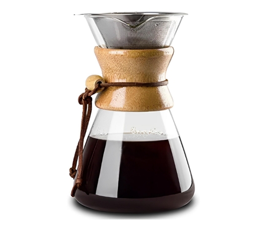 Pour Over Coffee Maker with Stainless Steel Filter, Borosilicate Glass Coffee Carafe, Wooden Collar, Coffee Maker Carafe