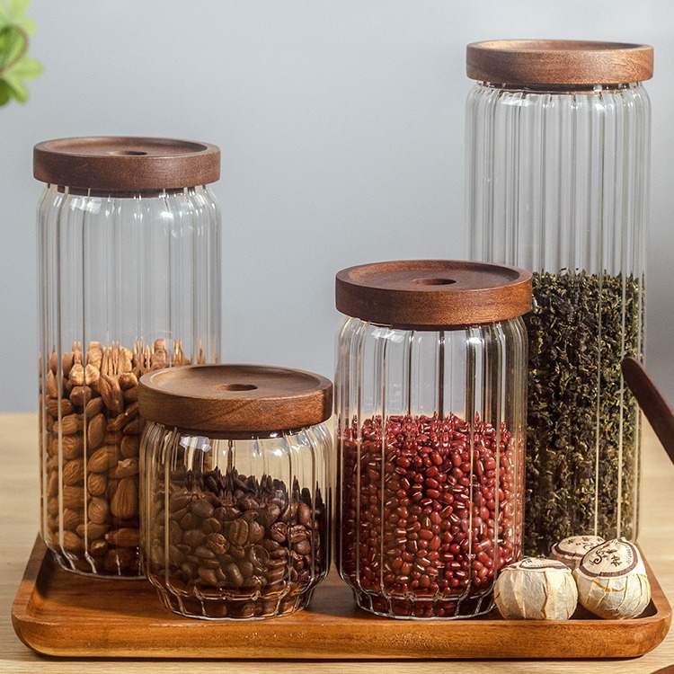 Acacia Wood Storage Round Glass Food Jar Glass Food Storage Grade Storage Jar