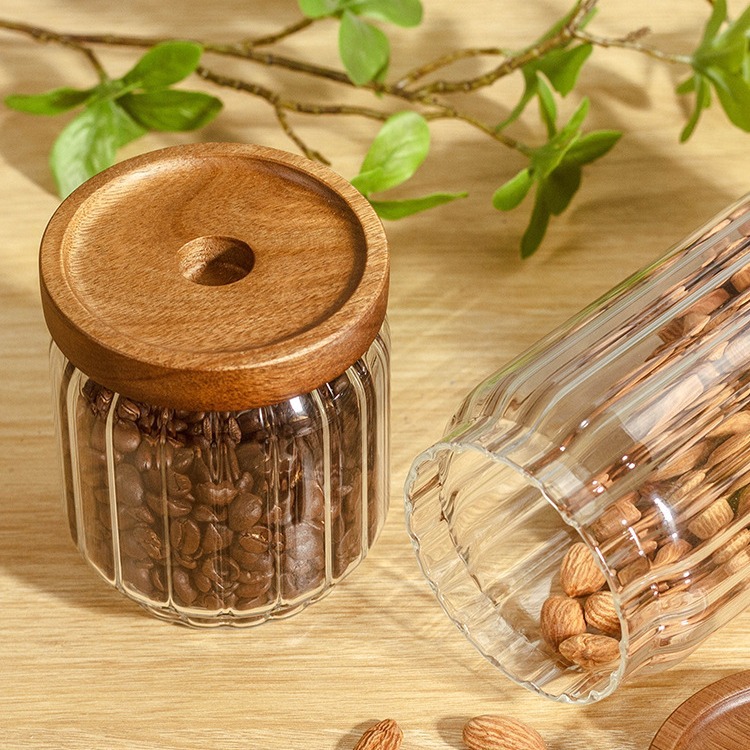 Acacia Wood Storage Round Glass Food Jar Glass Food Storage Grade Storage Jar