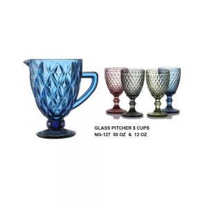 glass pitcher and drinking glasses