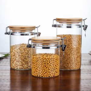 Wholesale Airtight Metal Gold Clip Jar Glass Canister with Bamboo Lid