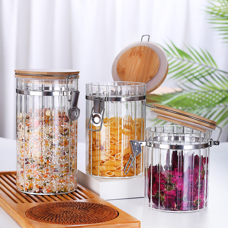 Wholesale Airtight Metal Gold Clip Jar Glass Canister with Bamboo Lid