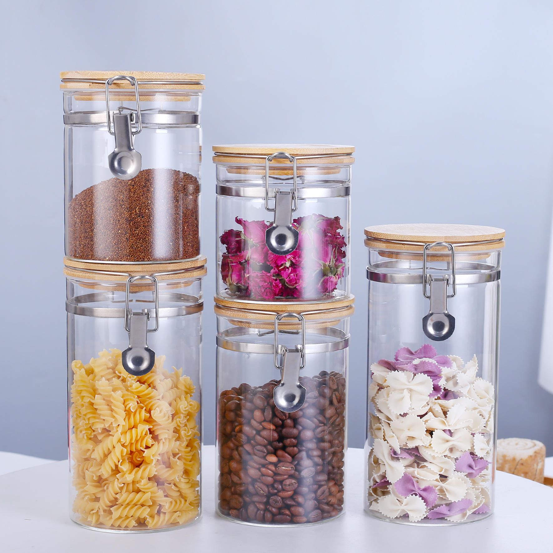 Wholesale Airtight Metal Gold Clip Jar Glass Canister with Bamboo Lid