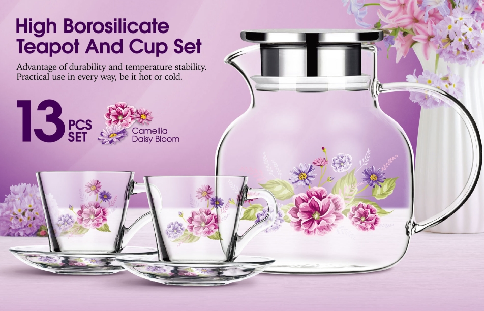 Glass Teapot and 6 Cups and 6 Saucers with Customized Decal Pattern - Image 2