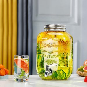 Glass Drink Dispenser, with Leak-Proof Spigot, Clear Mason Jar, Beverage Storage for Fridge, for Water, Iced Tea, Sangria, Lemonade