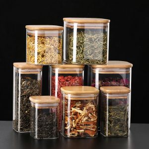 Airtight Wooden Lids Glass Canister HighBorosilicate Square Glass Jars for Bulk Cereals