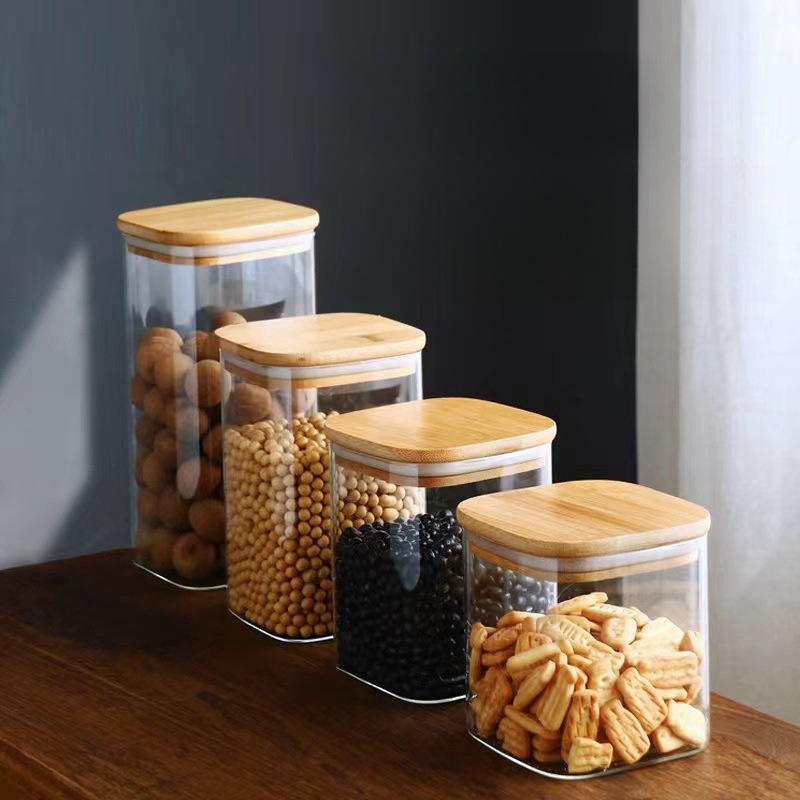 Airtight Wooden Lids Glass Canister HighBorosilicate Square Glass Jars for Bulk Cereals