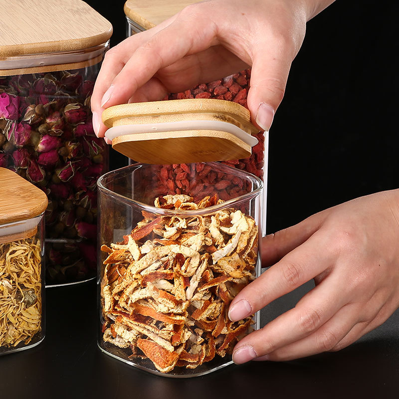 Airtight Wooden Lids Glass Canister HighBorosilicate Square Glass Jars for Bulk Cereals