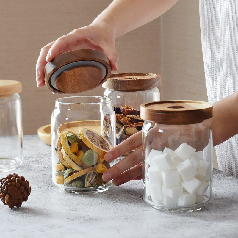 Acacia Wood Storage Round Glass Food Jar Glass Food Storage Grade Storage Jar